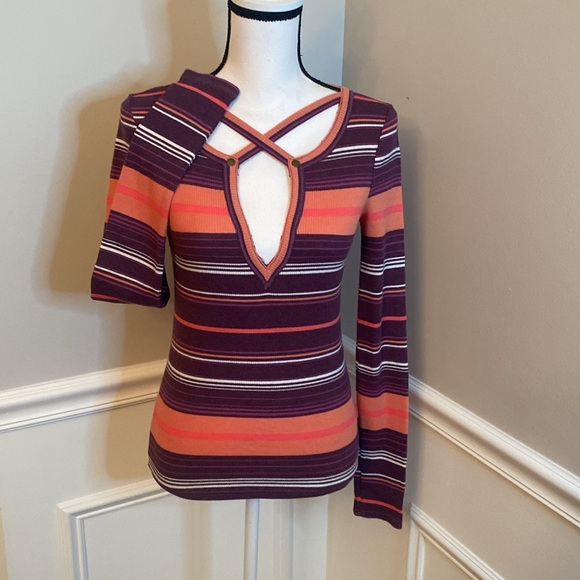 Free People Ribbed Tee size Small Striped with cut out t-shirt - Picture 1 of 9